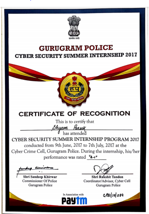 Gurgaon Cyber Police Internship